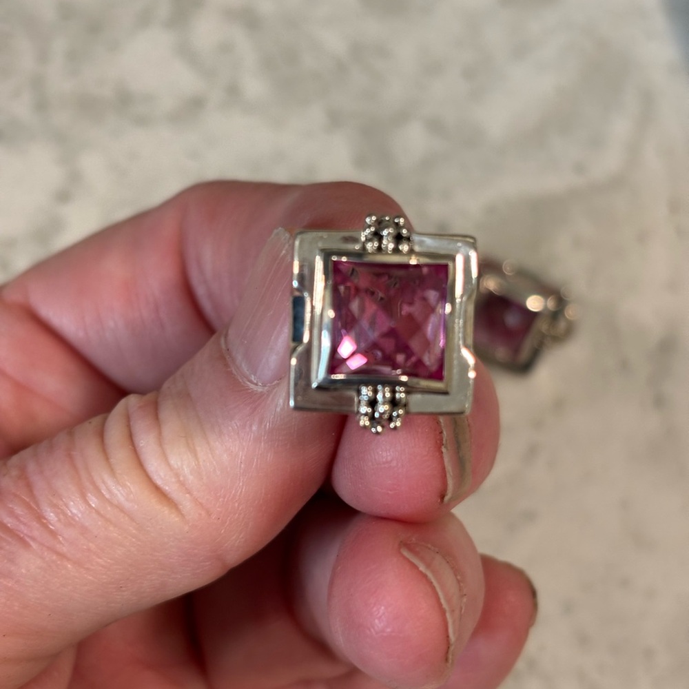 Michael Dawkins Square Checkerboard Simulated Pink Sapphire/SS Earrings - Picture 1 of 3